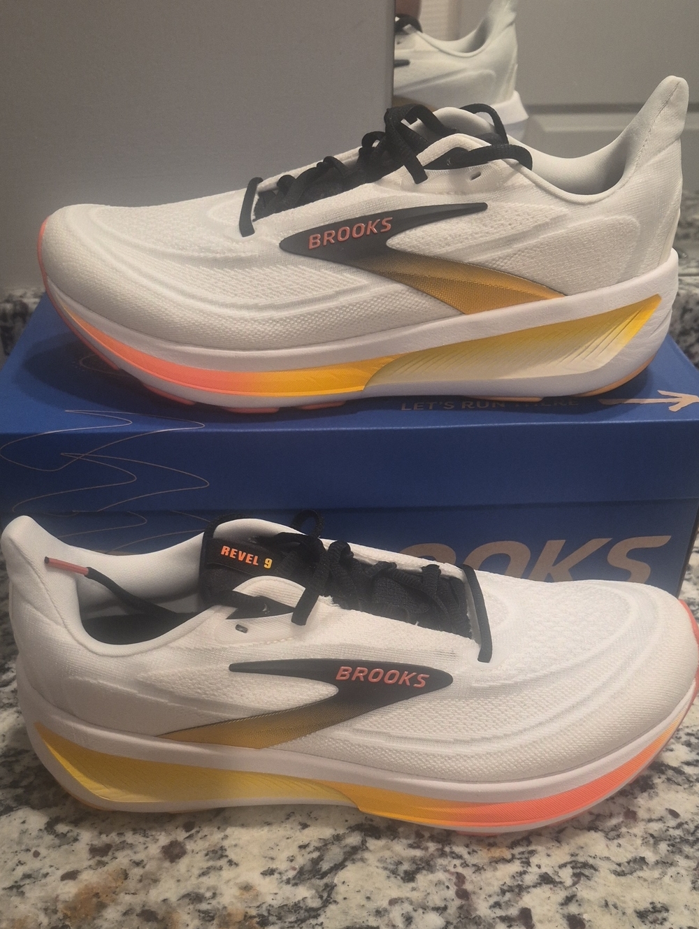 Brooks Revel 9 Men's White Running Shoes with Yellow & Coral Accents